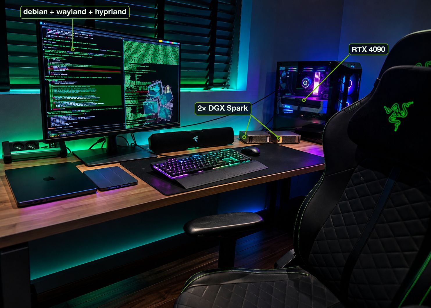 Escritorio con iluminación RGB verde: un monitor con código y etiquetas que señalan la pantalla con debian, wayland y hyprland, dos NVIDIA DGX Spark y la RTX 4090 en la torre.