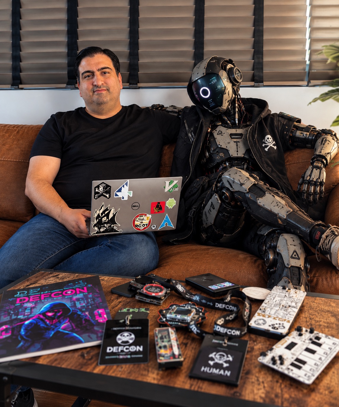 Fernando (Zerial) sentado en un sofá junto a un robot humanoide, con una laptop llena de stickers y, sobre la mesa, badges de DEFCON y gadgets de hardware hacking.